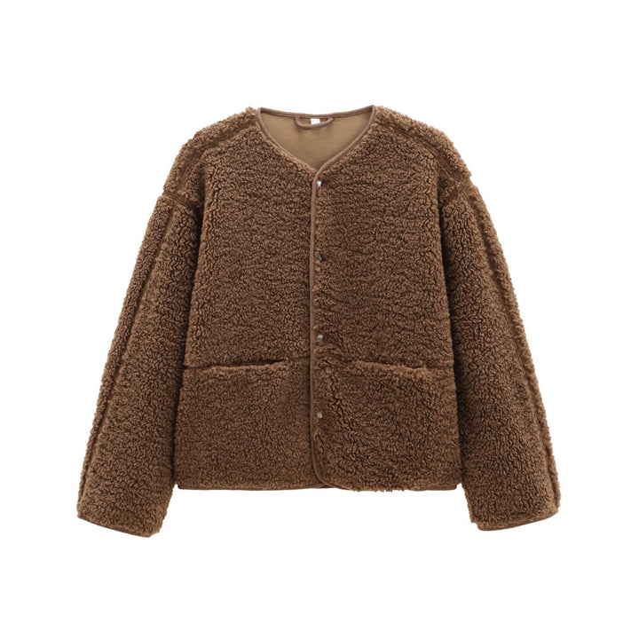 Women Teddy fleece Jacket, Round neck, plain