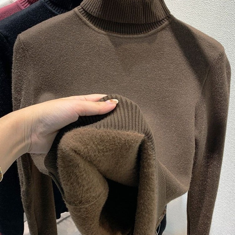 Women's knitted pullover with inner fleece, high collar