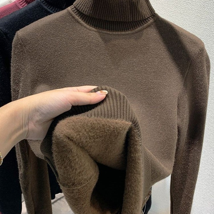 Women's knitted pullover with inner fleece, high collar