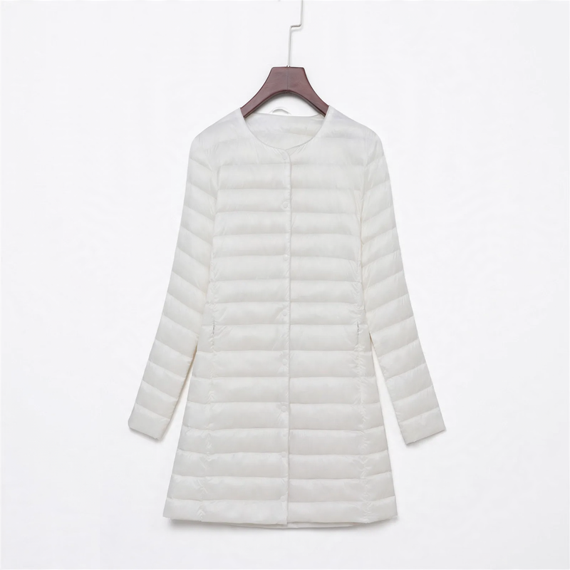 Light women's down jacket, mid-length, with button placket