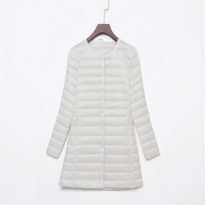 Light women's down jacket, mid-length, with button placket