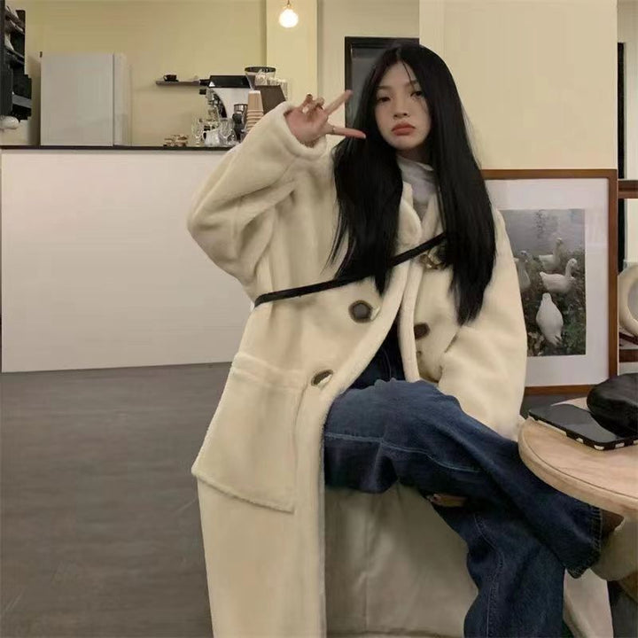 Women’s Lambskin Imitation Coat with Toggle Buttons and Hood