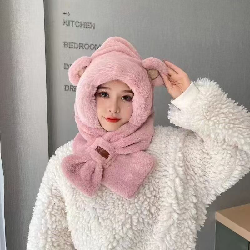 Plush hooded scarf with bear design, lined