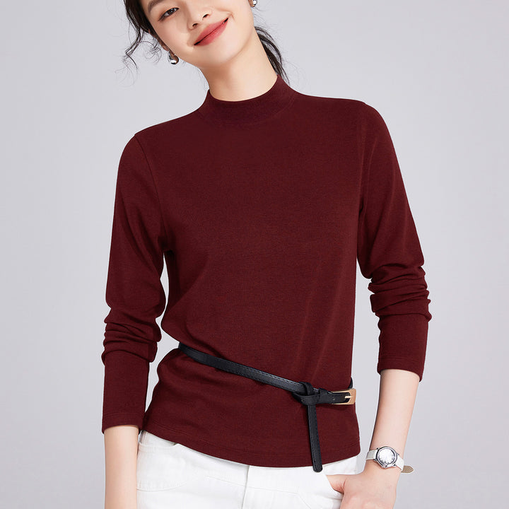 Women’s long-sleeve shirt made of wool blend with stand-up collar