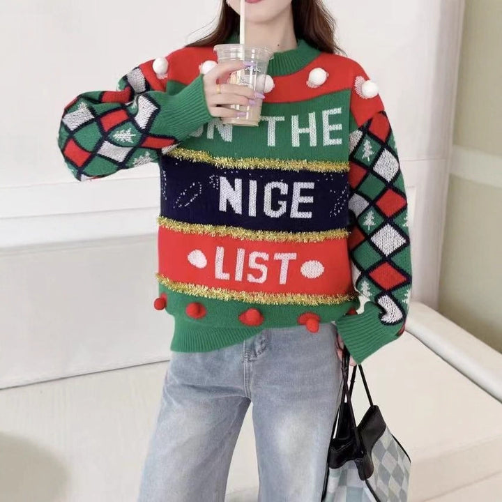 Ladies' Christmas sweater with letter jacquard and gold stripes