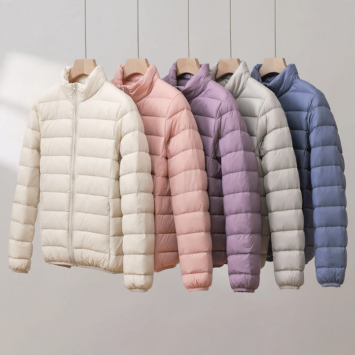 Short, lightweight women's down jacket, stand-up collar