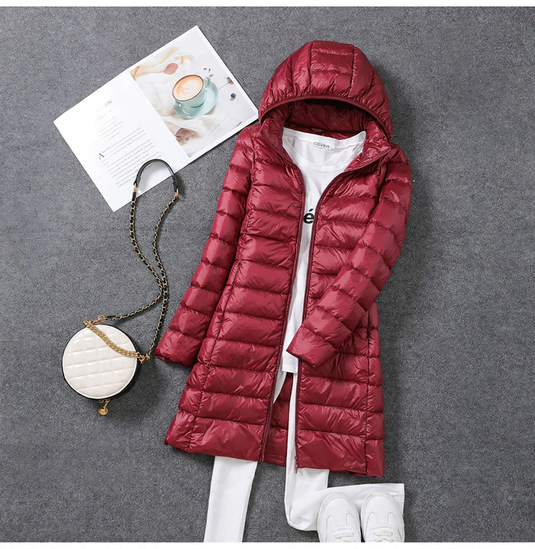 Women’s down coat, medium length, with removable hood