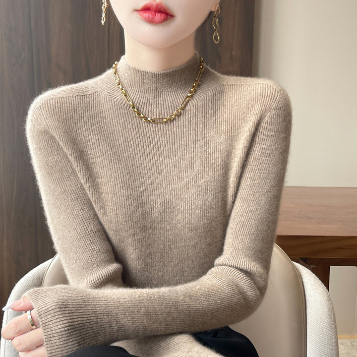 Women's knitted pullover with stand-up collar, fitted