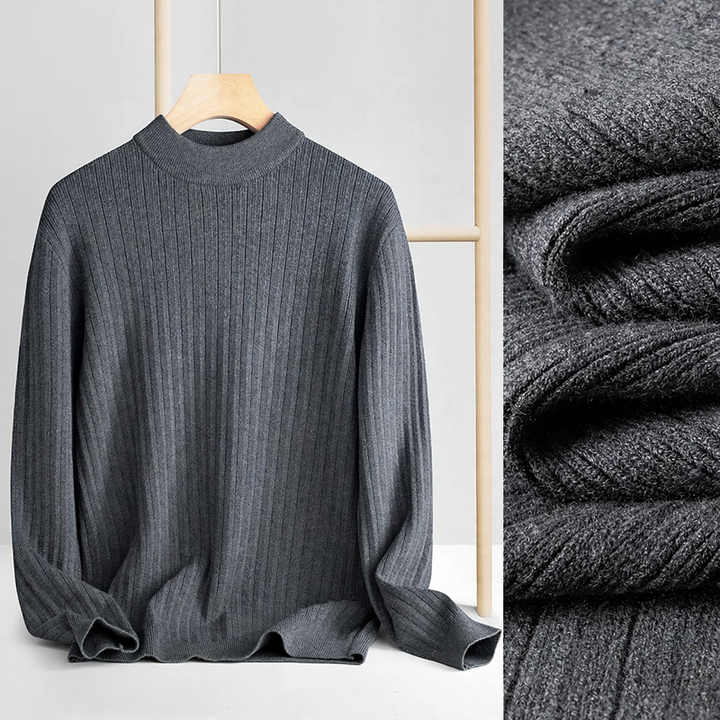 Men's knit sweater made of wool and lyocell, stand-up collar