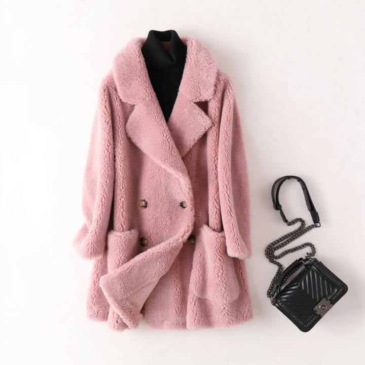 Women's coat made of lambskin imitation, medium length