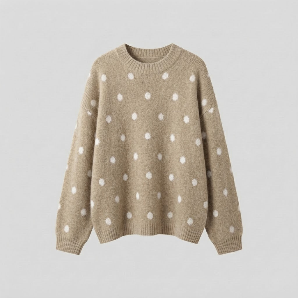 Women Oversize Fleece Sweater with Dots, Round Neck and Raglan Sleeves Amarae