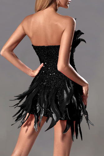 Amarae | Sexy Solid Sequins Patchwork Feathers Zipper Strapless Wrapped Skirt Dresses - 4 Colors