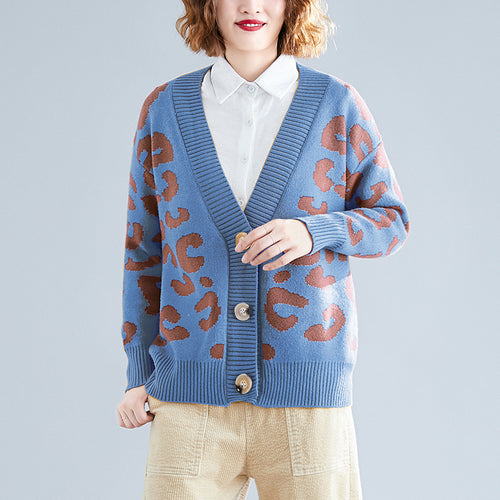Ladies chunky knit cardigan with a striking leopard print and large button details Amarae