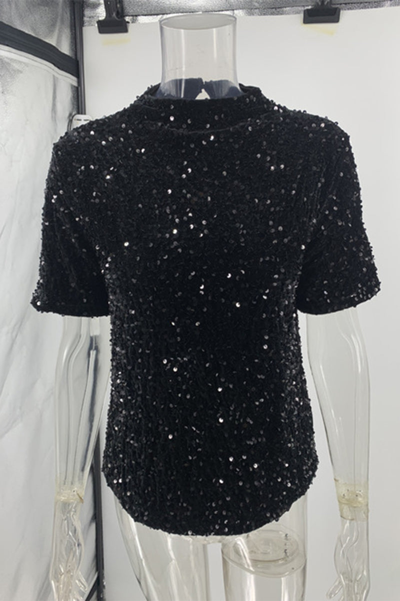 Lune London | Casual Sequin Sequin O-Neck T-Shirts