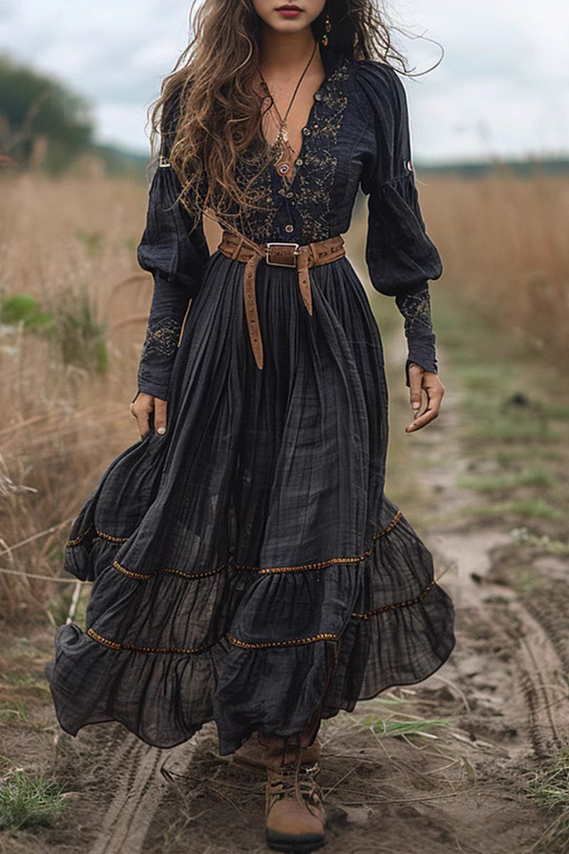 Lune London | Casual Flower Embroidered Frayed V-Neck A-Line Dresses No Waist Belt