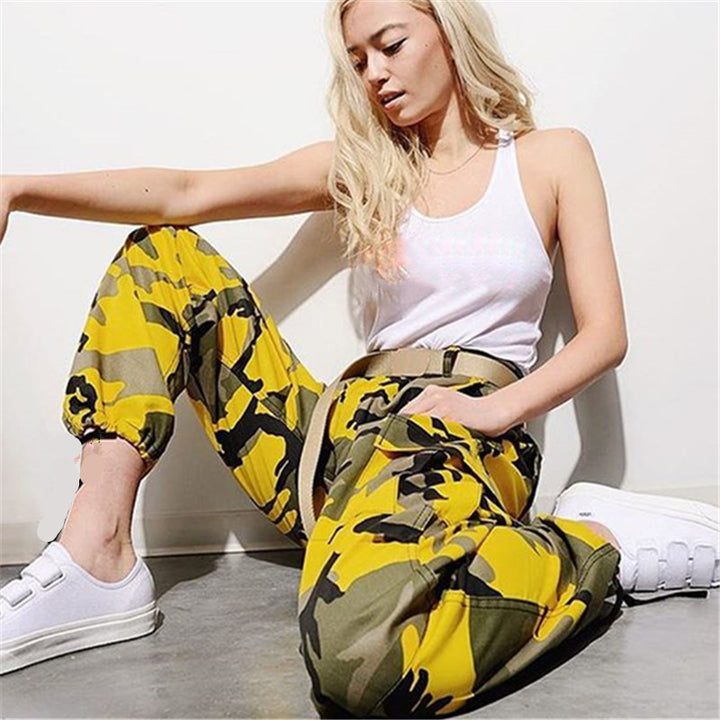 Women's cargo pants with a modern camouflage design, elastic waistband, and practical pockets Lune London