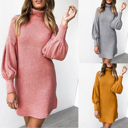 Knit dress in cozy material for women with high neck and puff sleeves Amarae