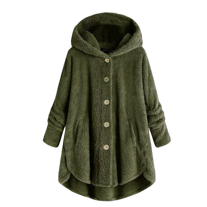 Ladies plush jacket with button placket, asymmetrical
