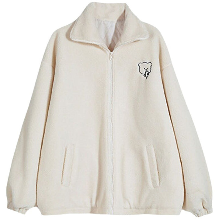 Casual teddy fleece jacket with stand-up collar and bear motif