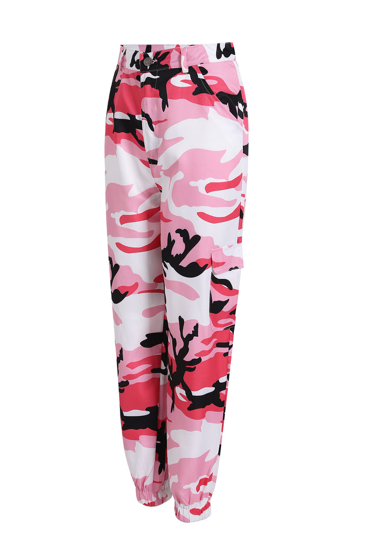 Women's cargo pants with a modern camouflage design, elastic waistband, and practical pockets Lune London