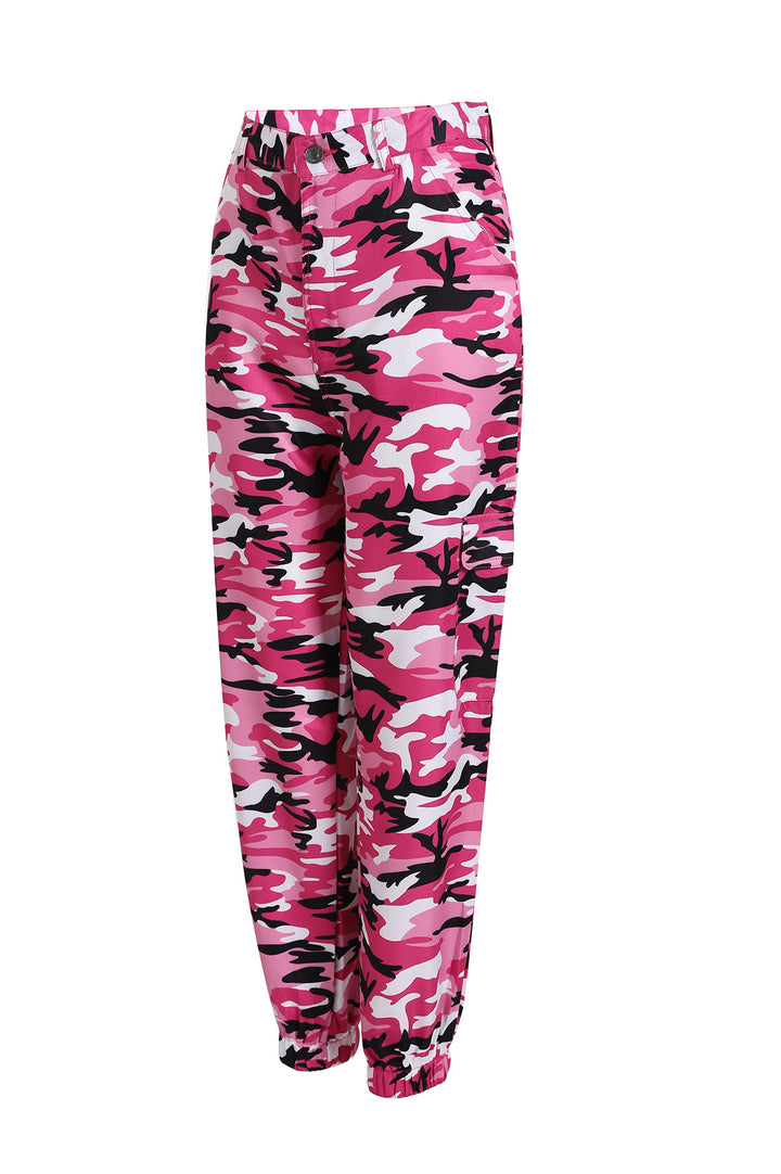 Women's cargo pants with a modern camouflage design, elastic waistband, and practical pockets Lune London