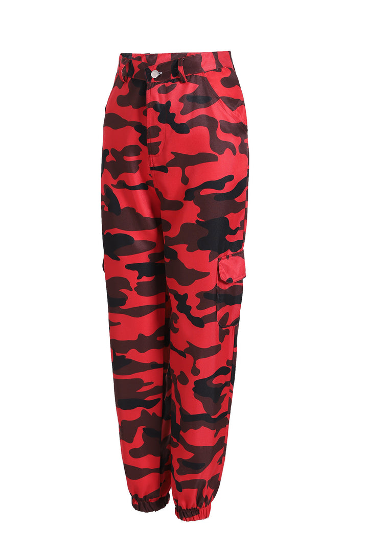 Women's cargo pants with a modern camouflage design, elastic waistband, and practical pockets Lune London
