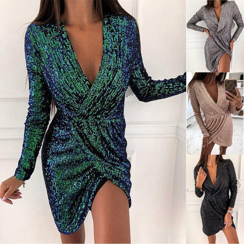Shiny cocktail dress for women with V neckline and long sleeves Amarae