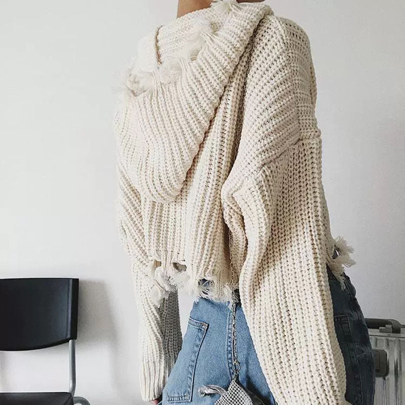 Ladies Large Knit Hoodie with Zipper and Fringes Amarae