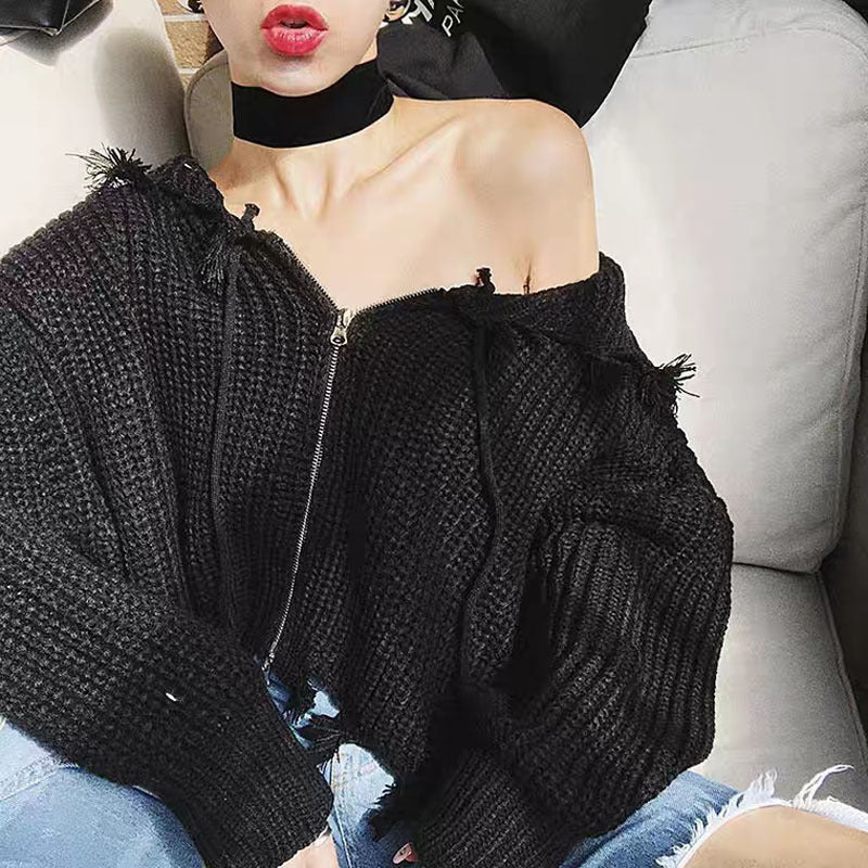 Ladies Large Knit Hoodie with Zipper and Fringes Amarae