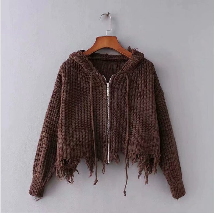 Ladies Large Knit Hoodie with Zipper and Fringes Amarae