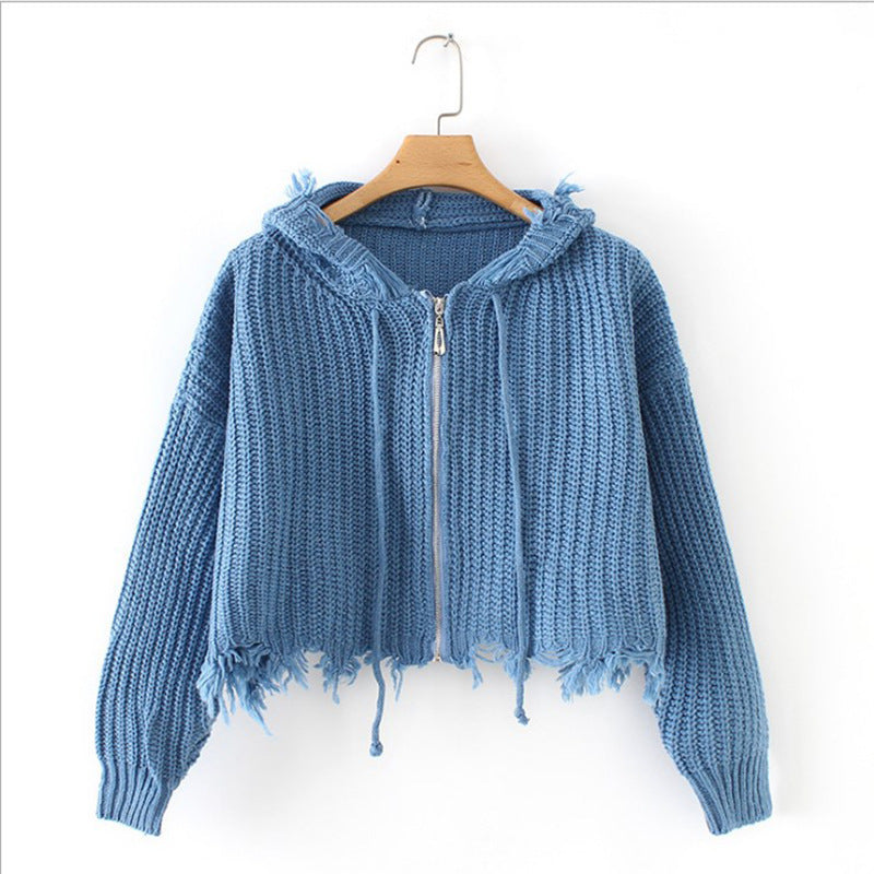 Ladies Large Knit Hoodie with Zipper and Fringes Amarae