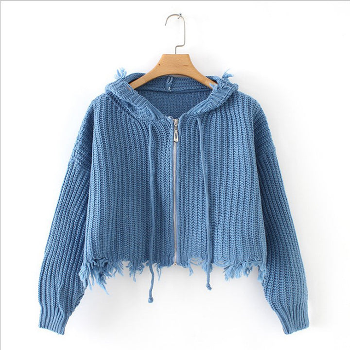 Ladies Large Knit Hoodie with Zipper and Fringes Amarae