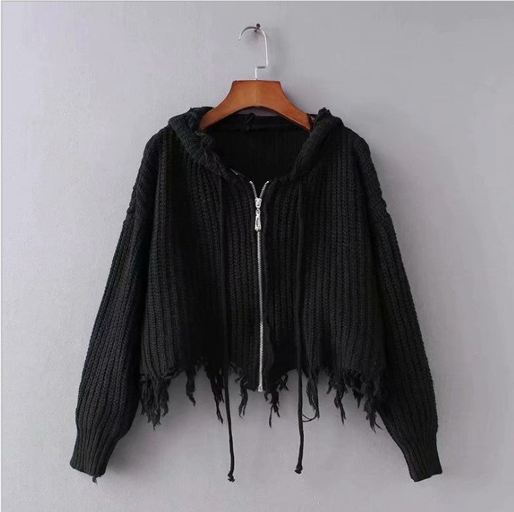 Ladies Large Knit Hoodie with Zipper and Fringes Amarae
