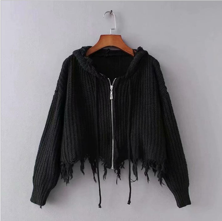 Ladies Large Knit Hoodie with Zipper and Fringes Amarae