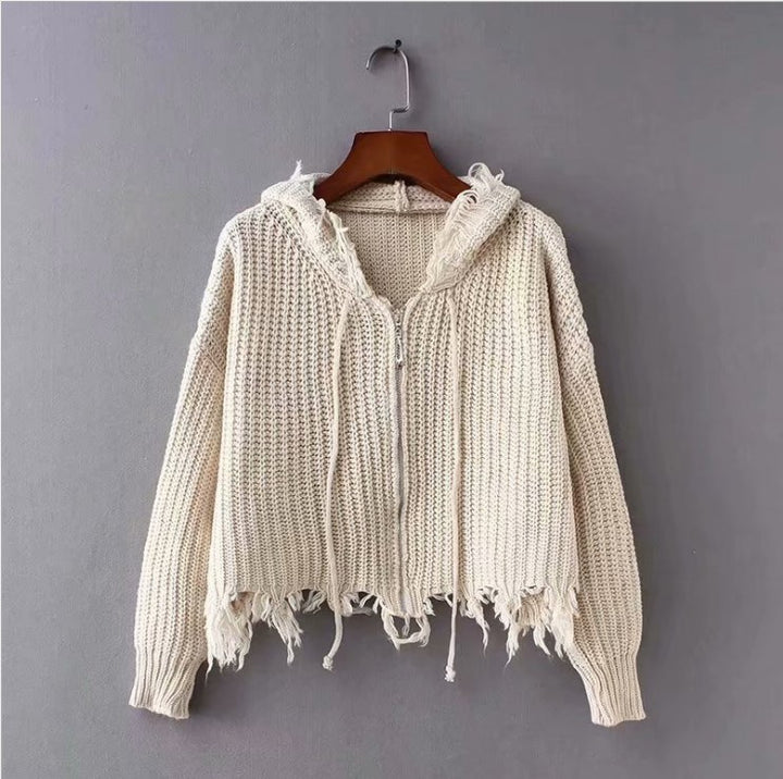 Ladies Large Knit Hoodie with Zipper and Fringes Amarae
