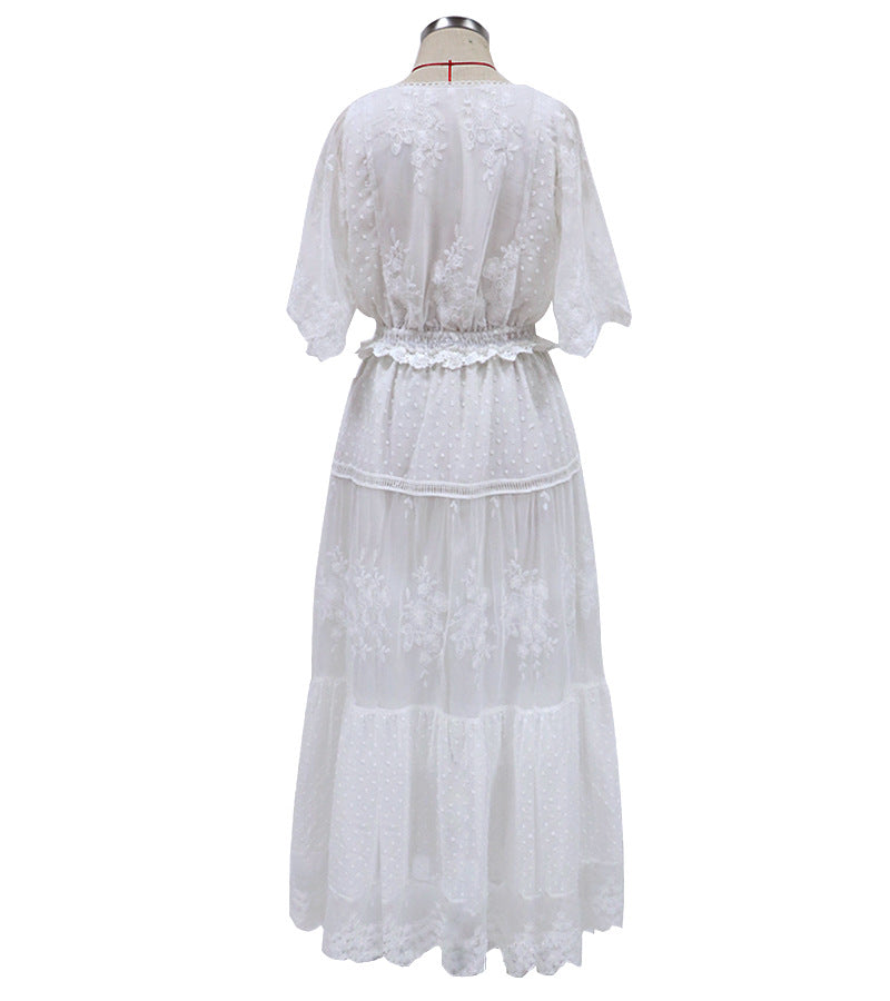 Lune London | Chiffon Lace Short Sleeve Boho V-Neck Maxi Dress
