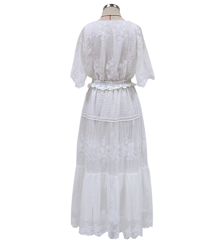 Lune London | Chiffon Lace Short Sleeve Boho V-Neck Maxi Dress