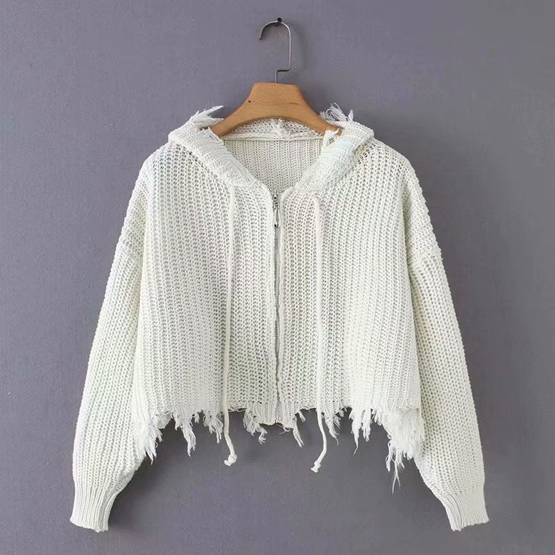 Ladies Large Knit Hoodie with Zipper and Fringes Amarae