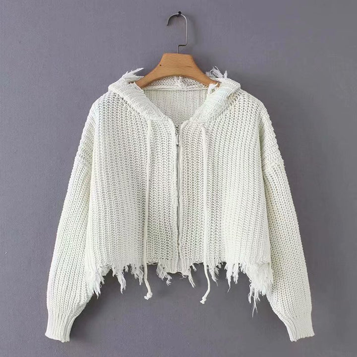 Ladies Large Knit Hoodie with Zipper and Fringes Amarae