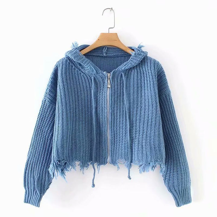 Ladies Large Knit Hoodie with Zipper and Fringes Amarae