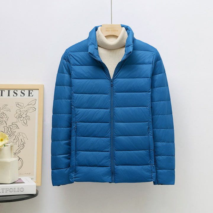 Women’s down jacket, lightweight, stand collar, short