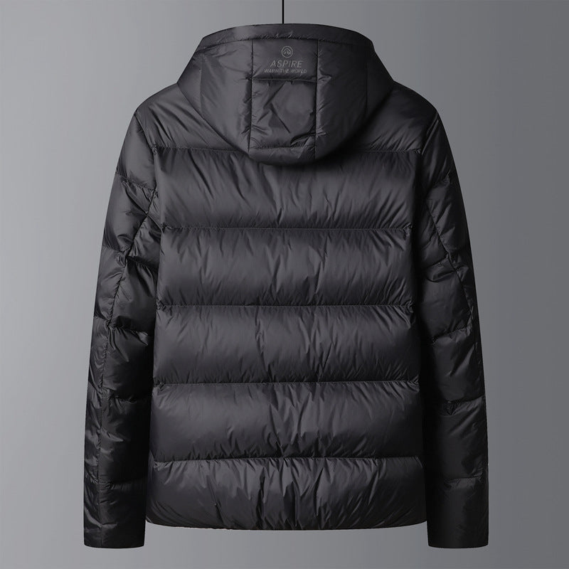 Warm men's down jacket with hood