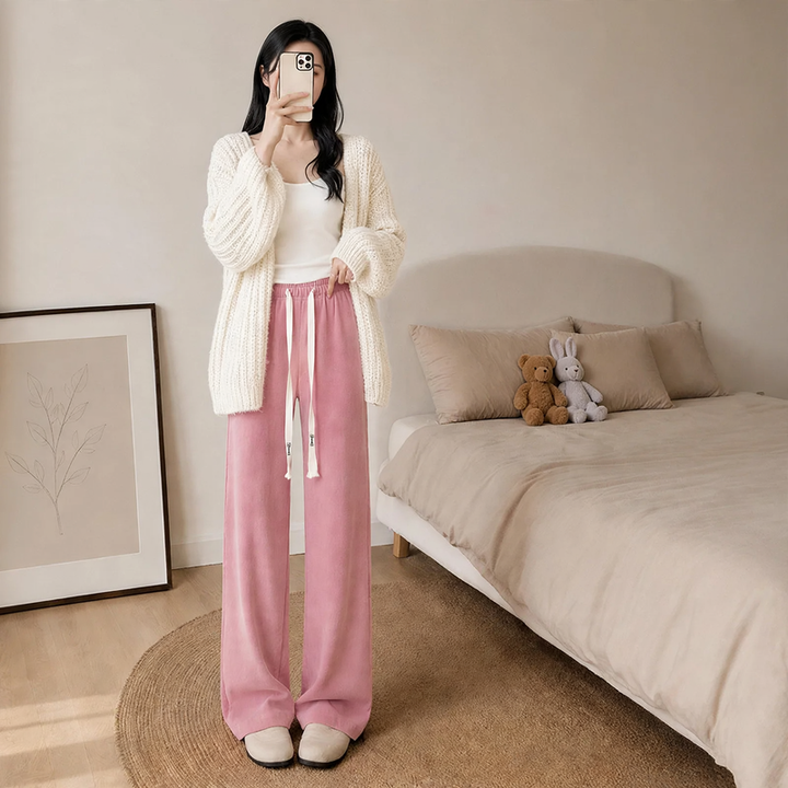 Padded chenille wide-leg trousers with high waist