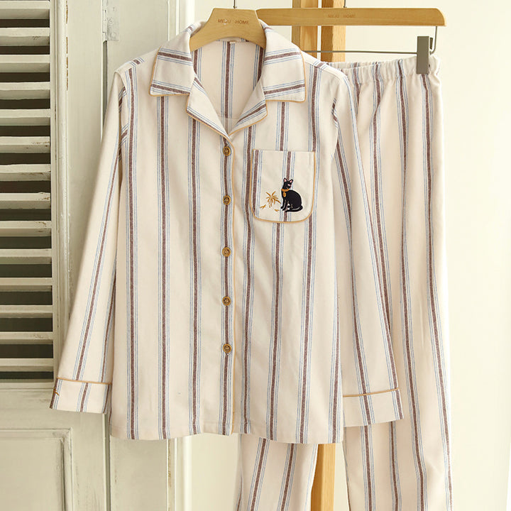 Cotton pajama set for couples, striped, embroidered
