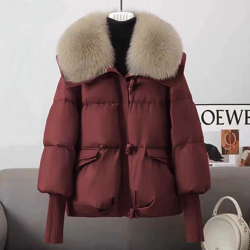 Short women's winter jacket with large lapel collar