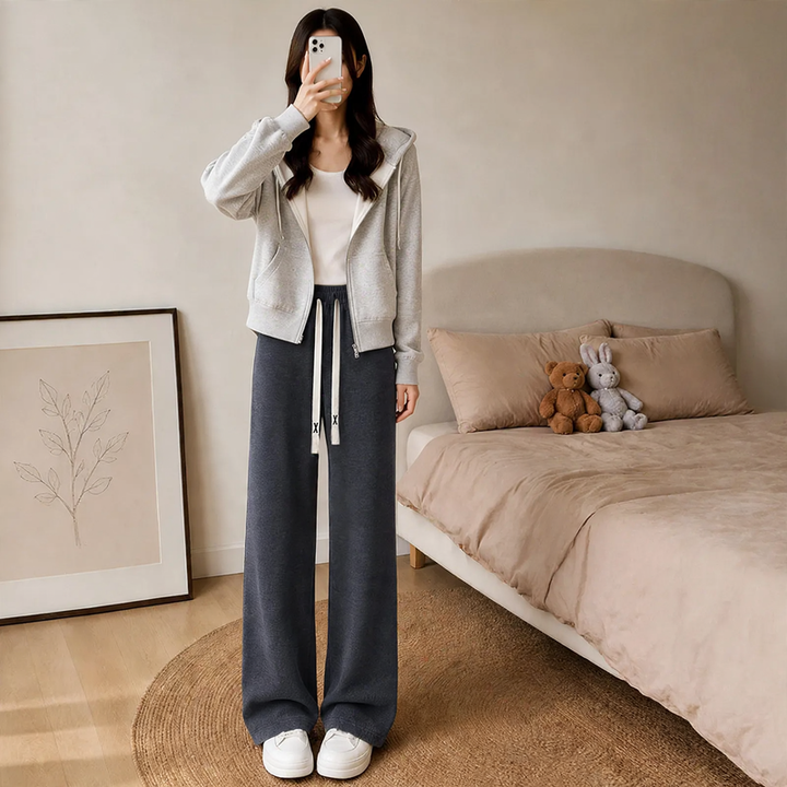 Padded chenille wide-leg trousers with high waist