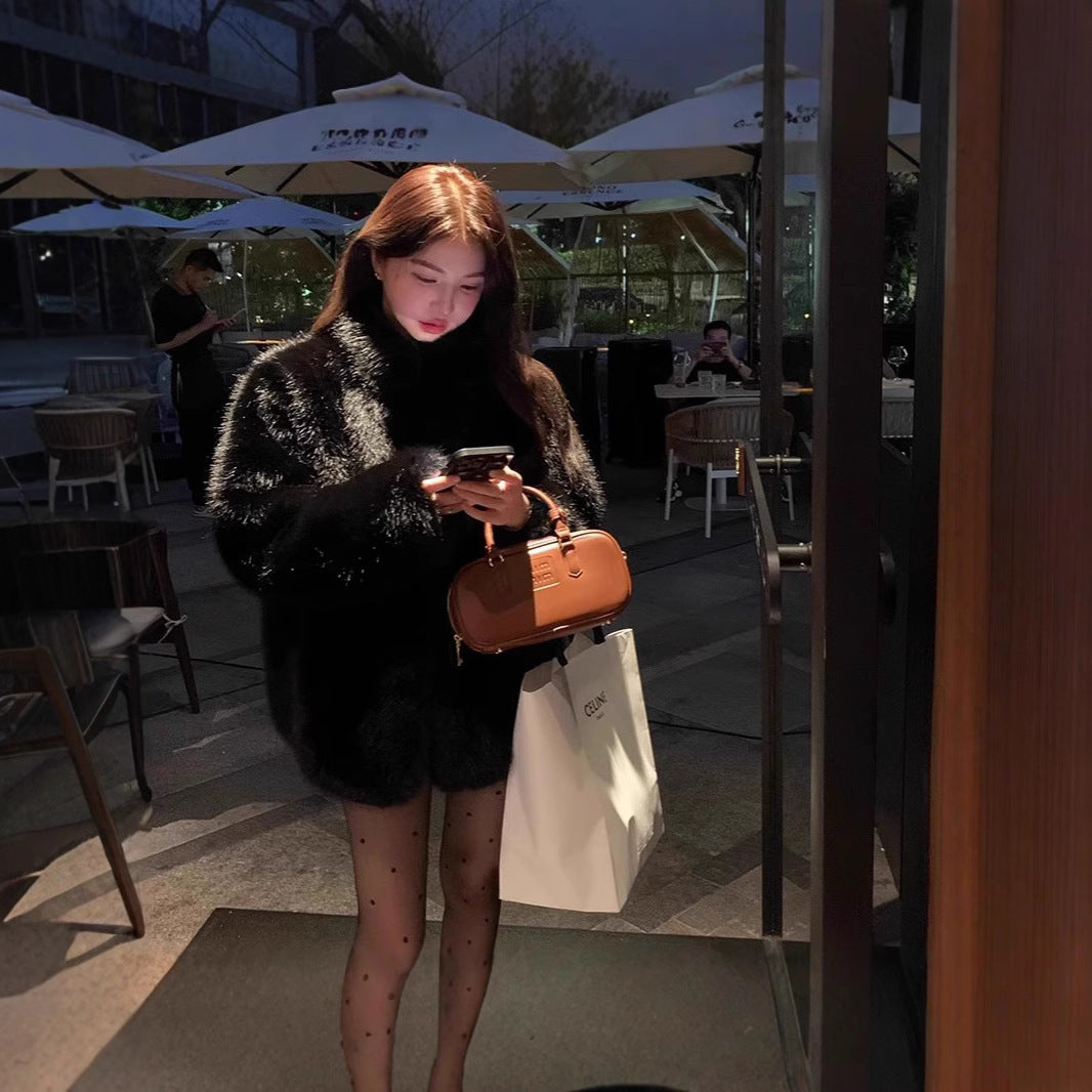 Women’s fur coat, black, mid-length, winter