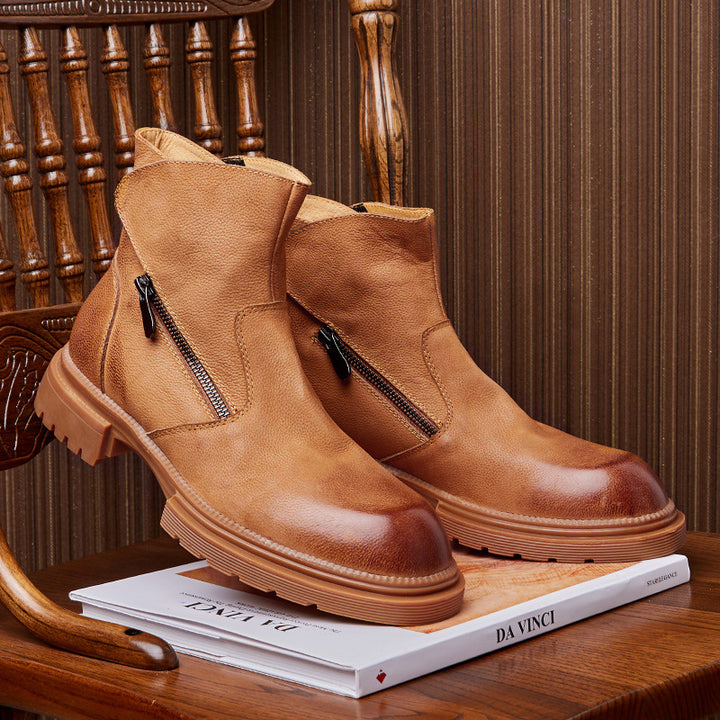 Men's leather biker-style boots, lined