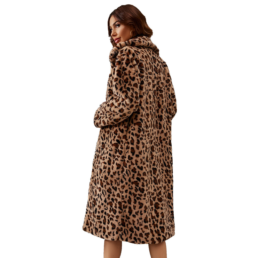 Fashionable faux fur coat with leopard print, long