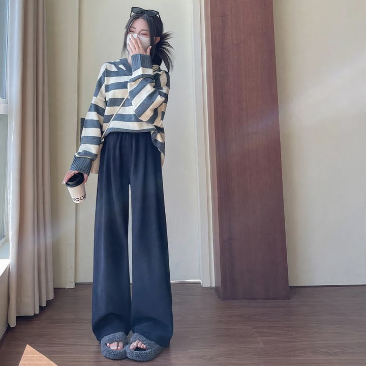 Women's corduroy pants, wide cut, high waist, knitted